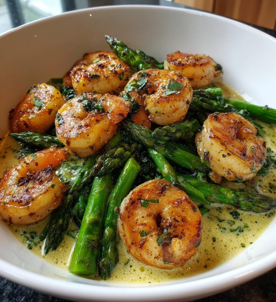 Grilled Shrimp Bowl with Asparagus and Creamy Garlic Sauce