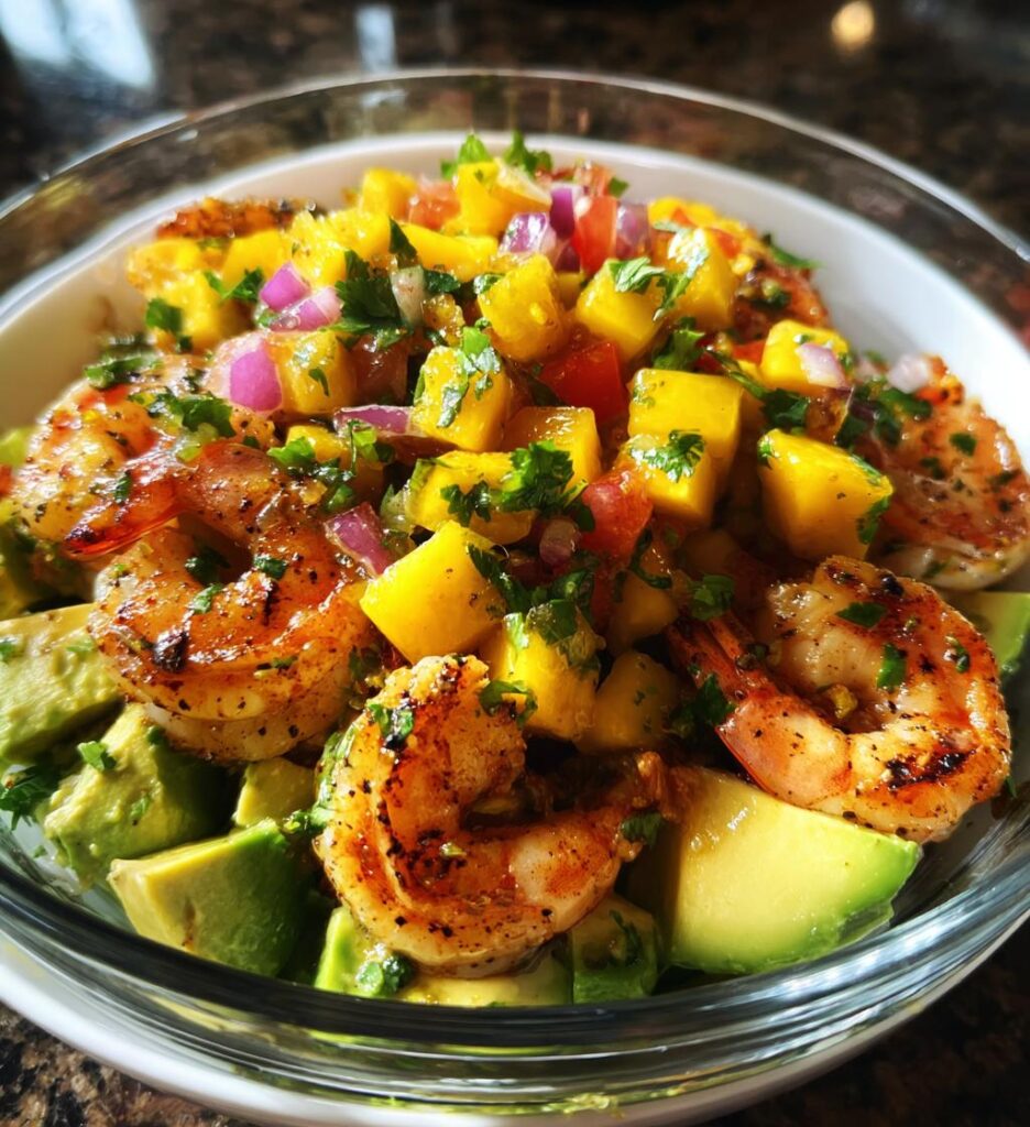 Shrimp and Avocado Bowls with Mango Salsa and Lime Chili Sauce